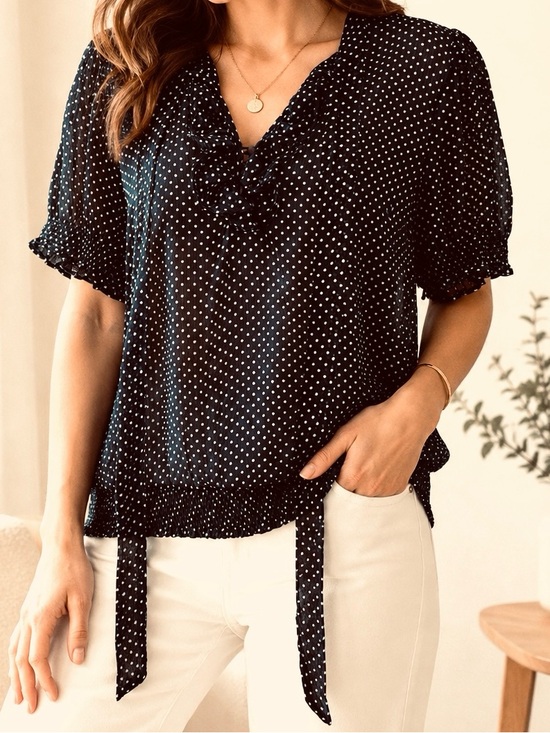 Jennifer & Grace Tops - Jennifer & Grace Blouse Black White Polka Dot sheer puff ruffle tie elastic XL